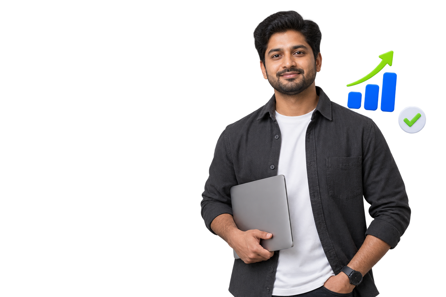 Male digital marketing strategist with social campaign growth and conversion graphics
